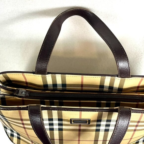 BURBERRY Checker Medium Tote Bag Beige/Brown Inside zipper pocket Purse PVC - Picture 7 of 16